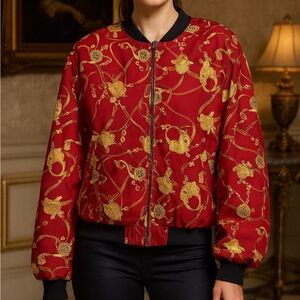 Options Melrose Vintage Puffy Silk Printed Bomber Jacket‎ SZ Large 80s 90s Glam